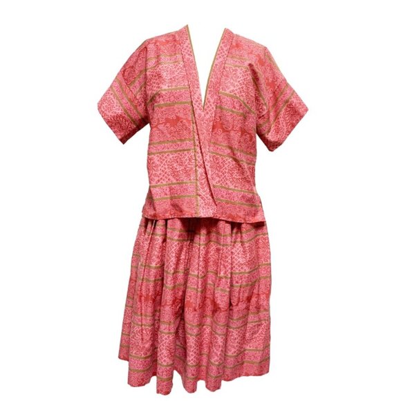 1960's Pinup Tabak of California Pink Tiki Party Skirt & Top Set - 2 Pieces
